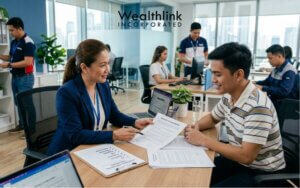 Two people collaborating at a table with a laptop and documents, focused on contractual agreements and discussions.